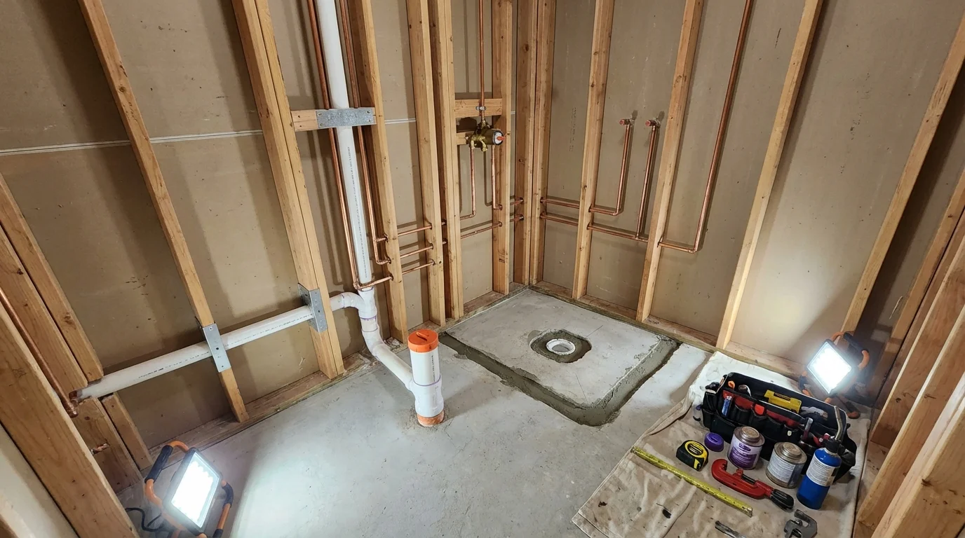 Bathroom rough-in plumbing during remodel by Johns Plumbing LLC in West Haven