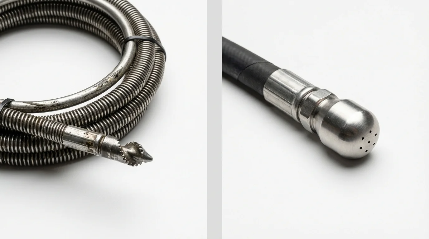 Drain snake cable and hydro jetting nozzle used for drain cleaning in West Haven, CT