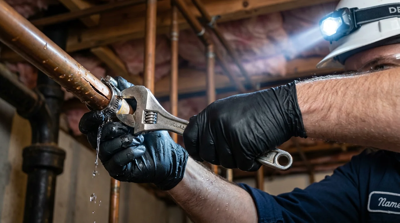 Emergency pipe clamp repair being performed by a Johns Plumbing LLC plumber in West Haven