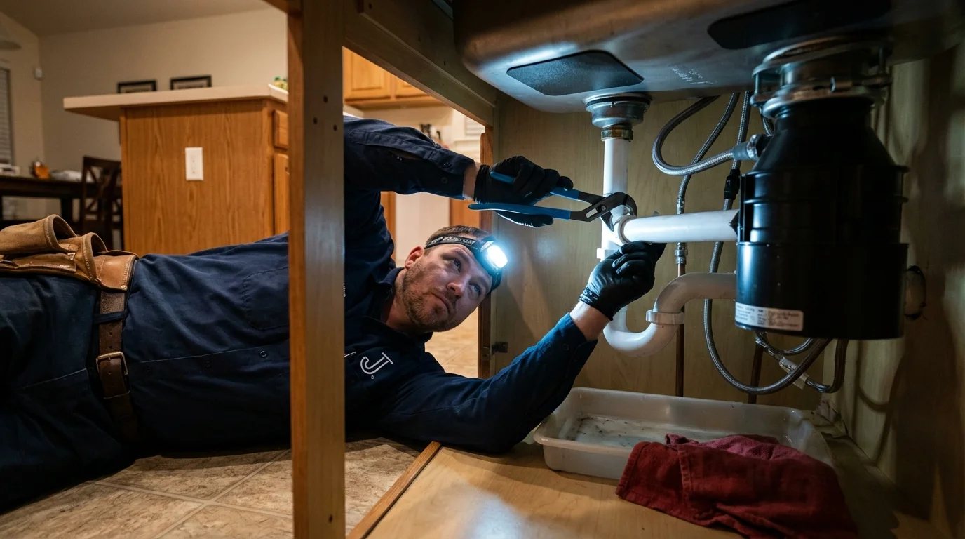 P-trap and supply line connections under a kitchen sink showing a common leak point in West Haven, CT